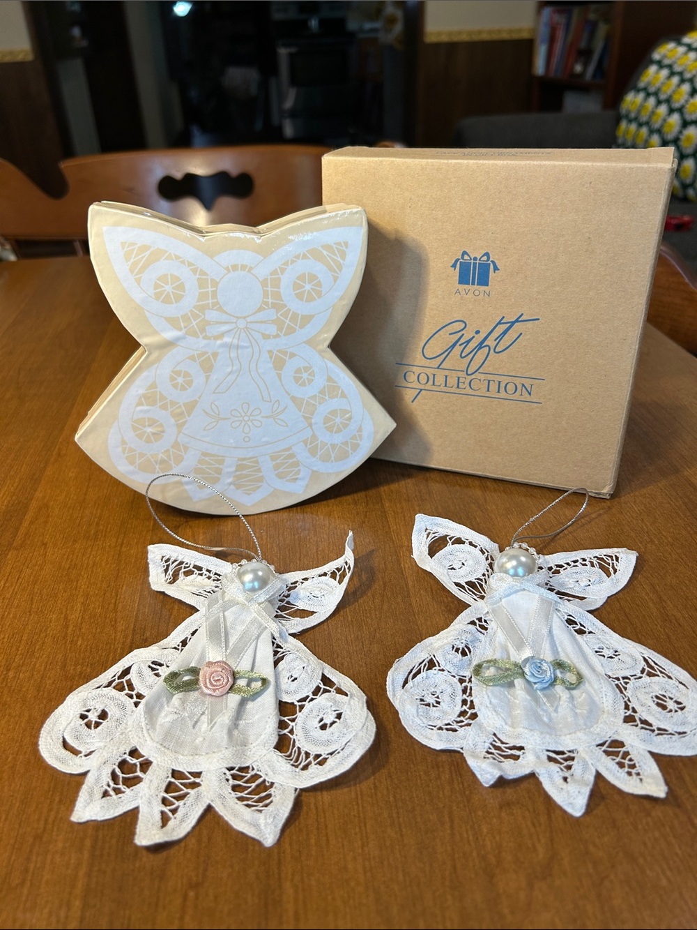 Vintage Avon Gift Collection Lace Angel Ornaments White with Pastel Rose Accent